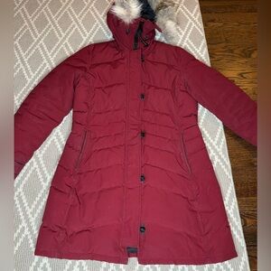 Canada Goose Women's Lorette Parka Red Long Puffer Coat with Faux Fur Hood